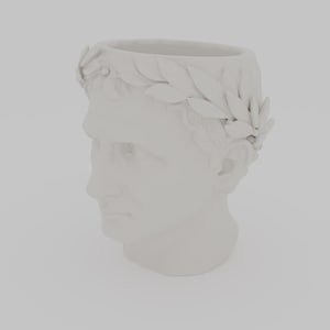 May include: A matte white planter shaped like a human head wearing a laurel wreath. The top of the head is open, creating a hollow vessel for plants. The sculpture features detailed facial features and a textured leaf crown encircling the rim.