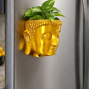 May include: A gold-coloured Buddha head planter, holding green leafy plants, attached to a stainless steel fridge. The Buddha head has detailed features and a textured surface. The plant pot is a decorative item.