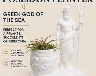Poseidon Planter Statue | Greek God Decor | Air Plant, Succulent & Peperomia Pot | 3D Printed Mythology Sculpture