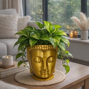 Könnte beinhalten: Ein goldfarbener Buddha-Kopf-Pflanztopf gefüllt mit grünen und gelben Pothos-Pflanzen. Der Pflanztopf steht auf einer gewebten Matte auf einem Couchtisch aus Holz. Der Hintergrund umfasst ein Sofa, ein Fenster und Kerzen.
