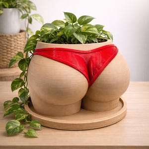 Peut inclure: Un pot de fleurs en céramique beige en forme de fesses humaines portant un bas de bikini rouge vif. Le pot repose sur un plateau circulaire assorti et contient une plante verte aux feuilles panachées dont les tiges retombent sur le côté.