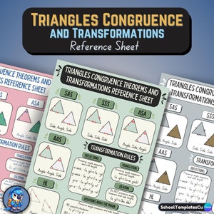 May include: A colorful reference sheet for learning about triangle congruence and transformations. The sheet includes diagrams of different triangle congruence theorems, such as SAS, SSS, ASA, and AAS, as well as descriptions of different transformations, such as reflections, translations, dilations, and rotations.