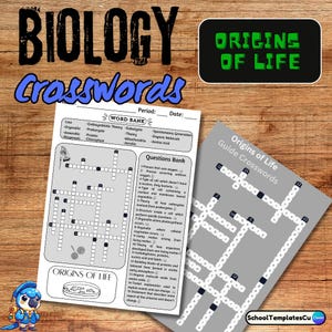 May include: A biology-themed image features two crossword puzzles with the titles "BIOLOGY Crosswords" and "Origins of Life Guide Crosswords." The puzzles are on a wooden background. The image includes a word bank and a questions bank related to biology.