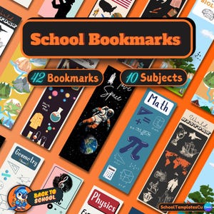 May include: A set of 42 colorful bookmarks featuring different school subjects, including math, science, history, and more. The bookmarks are designed with illustrations and text related to each subject. The text on the image reads "School Bookmarks", "42 Bookmarks", "10 Subjects", "Math", "World History", "Space", "Geometry", "Physics", "Back to School", and "School TemplatesCu".