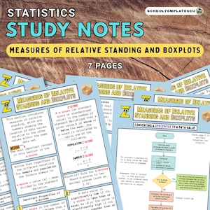 Puede incluir: Apuntes de estudio sobre estadística, con "Medidas de posición relativa y diagramas de caja". La imagen muestra varias páginas con fórmulas, definiciones y diagramas. El texto incluye los conceptos de "z-score" y "percentil".