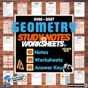 May include: A 2026-2027 geometry study guide set featuring 19 notes, 14 worksheets, and 14 answer keys. The central black sign displays the text Geometry Study & Notes & Worksheets + Answer Keys, surrounded by various math pages.