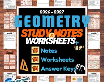 May include: A 2026-2027 geometry study guide set featuring 19 notes, 14 worksheets, and 14 answer keys. The central black sign displays the text Geometry Study & Notes & Worksheets + Answer Keys, surrounded by various math pages.