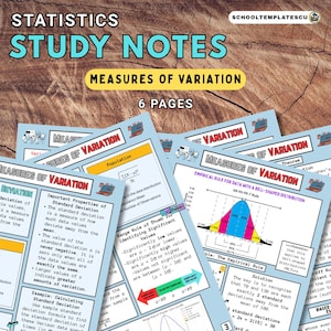 Puede incluir: Un conjunto de apuntes de estudio titulados "Statistics Study Notes" con el subtítulo "Measures of Variation". Las notas tienen 6 páginas e incluyen información sobre la desviación estándar, las reglas empíricas y la identificación de valores significativos. Las notas tienen un esquema de color azul claro y blanco.