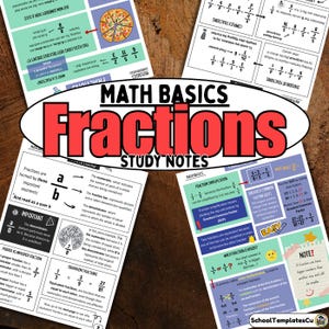 Könnte beinhalten: Lehrreiche Notizen zu Brüchen mit Diagrammen und Erklärungen. Der Titel "Fractions" steht in großen roten Buchstaben. Die Notizen behandeln Themen wie die Vereinfachung von Brüchen und das Vergleichen von Brüchen.
