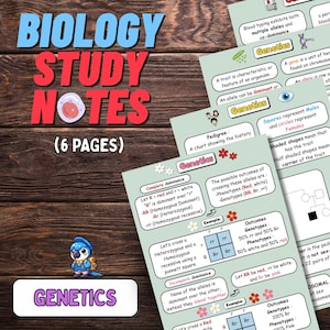 Puede incluir: Apuntes de estudio de biología sobre genética, con diagramas que explican conceptos como la dominancia y los alelos. Las notas están en papel verde claro con texto rojo y azul. La imagen incluye un pájaro de dibujos animados y el texto 'Genética'.
