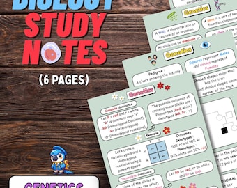 May include: A collection of biology study notes on genetics, featuring diagrams and explanations of concepts like dominance, alleles, and phenotypes. The notes are on light green paper with red and blue text, and include a cartoon bird.