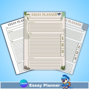 May include: A printable essay planner with a tropical theme. The planner has sections for title, introduction, body, and conclusion. The body section has three numbered spaces for outlining ideas.