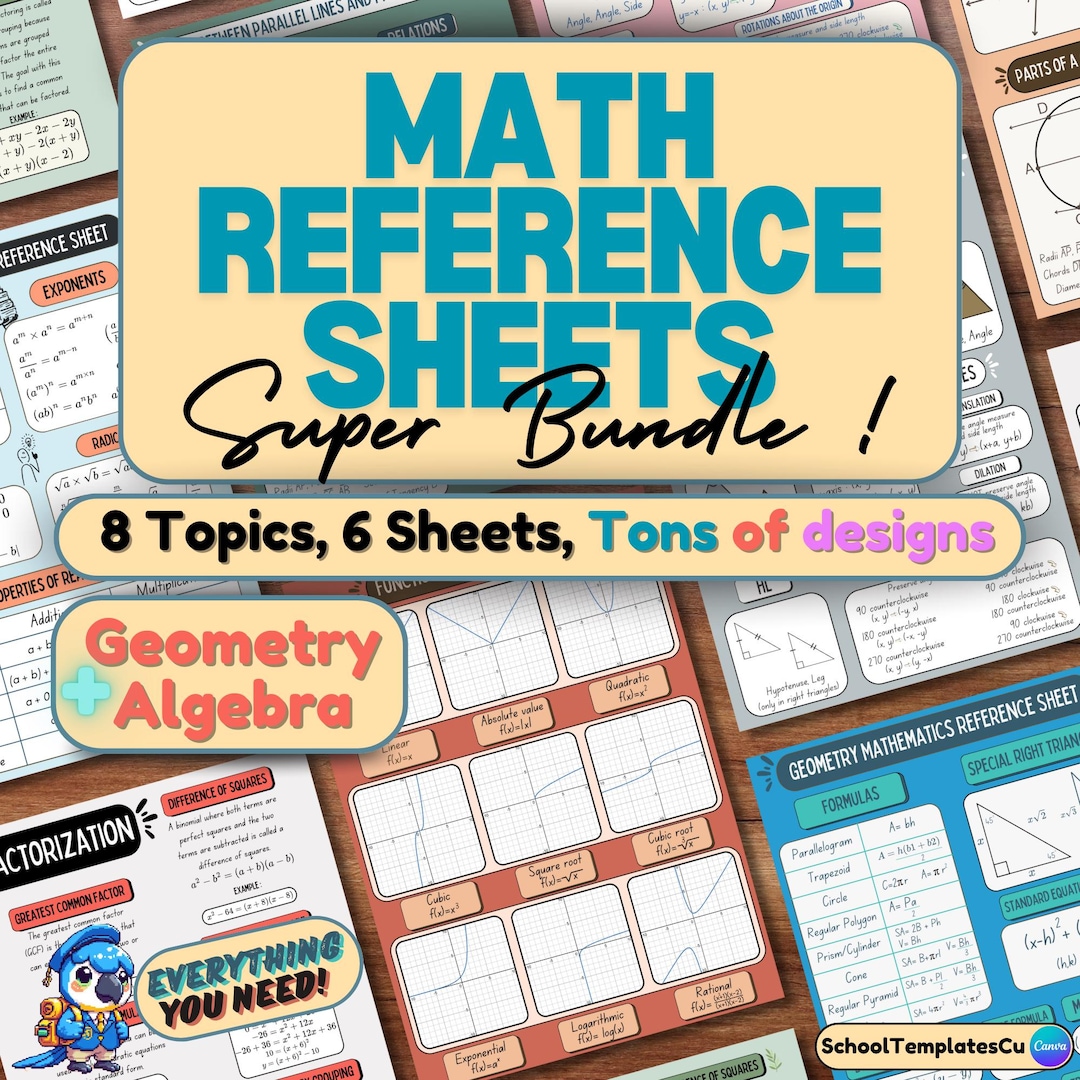 Math Reference Sheets Bundle: Algebra, Geometry, Functions (A4 Digital ...