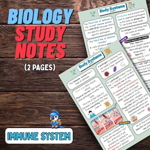 Puede incluir: Apuntes de estudio de biología sobre el sistema inmunológico. La imagen muestra dos páginas de apuntes con diagramas y texto que explican los mecanismos de defensa del cuerpo. Los apuntes están sobre un fondo de madera.