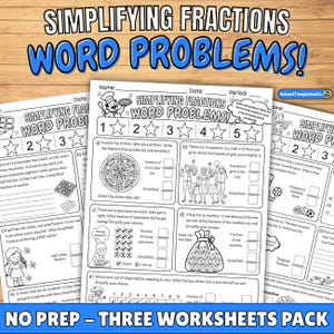 Simplifying Fractions Word Problems Worksheets | 3-Page Pack | Grades 5–7