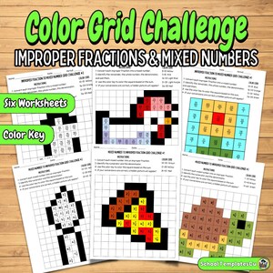 Color Grid Challenge | Improper Fractions & Mixed Numbers | 6 Worksheets