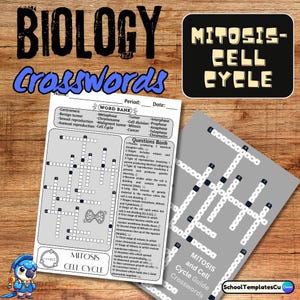 Könnte beinhalten: Ein Bild mit Kreuzworträtseln zum Thema Biologie. Der Haupttext lautet "BIOLOGIE Kreuzworträtsel" und "MITOSE ZELLZYKLUS". Ein Kreuzworträtsel trägt den Titel "MITOSE ZELLZYKLUS" mit einer Wortliste und Fragen. Ein weiteres trägt den Titel "MITOSE und Zellzyklus-Leitfaden Kreuzworträtsel."