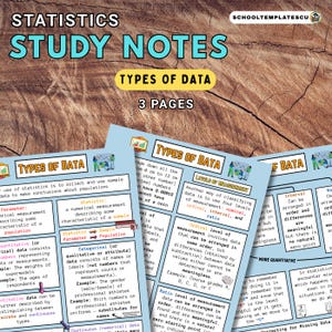 May include: Study notes on statistics, titled "Types of Data" and marked as "3 Pages." The notes explain different types of data, including nominal, ordinal, interval, and ratio levels of measurement.