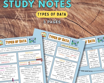 May include: Study notes on statistics, titled "Types of Data" and marked as "3 Pages." The notes explain different types of data, including nominal, ordinal, interval, and ratio levels of measurement.