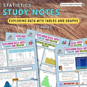 Op de afbeelding: Educatieve studienotities getiteld "Statistiek Studienotities" met de tekst "Gegevens verkennen met tabellen en grafieken". De afbeelding bevat verschillende pagina's met grafieken en statistische concepten.