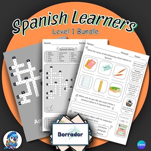 Puede incluir: Un conjunto de materiales para aprender español. El conjunto incluye hojas de trabajo con crucigramas, listas de vocabulario y ejercicios. El texto "Spanish Learners Level 1 Bundle" se muestra en la parte superior. Un loro de dibujos animados está en la parte inferior izquierda.