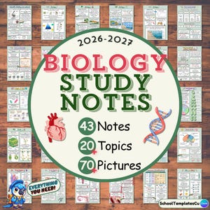 May include: A collection of 2026-2027 Biology Study Notes featuring 43 notes, 20 topics, and 70 pictures. The central circular graphic displays the title in bold red and green text, accompanied by illustrations of a human heart and a DNA double helix.