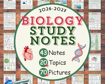 May include: A collection of 2026-2027 Biology Study Notes featuring 43 notes, 20 topics, and 70 pictures. The central circular graphic displays the title in bold red and green text, accompanied by illustrations of a human heart and a DNA double helix.