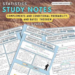 Könnte beinhalten: Studiennotizen zur Statistik, insbesondere zu Komplementen, bedingter Wahrscheinlichkeit und dem Bayes-Theorem. Das Bild zeigt mehrere Seiten mit Text, Diagrammen und Formeln. Die Notizen tragen den Titel "Statistics Study Notes" und enthalten "6 Pages".