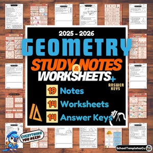 Kit de estudio de geometría imprimible: Apuntes, hojas de trabajo y claves de respuestas (Descarga digital A4)
