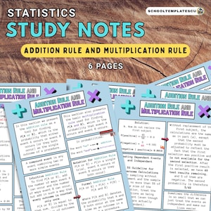 Puede incluir: Apuntes de estudio de estadística sobre la regla de la suma y la multiplicación, con 6 páginas de contenido. Las notas están sobre un fondo azul claro con texto y diagramas.