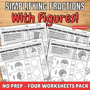 Puede incluir: Un conjunto de cuatro hojas de trabajo educativas tituladas Simplifying Fractions With Figures. Cada página presenta problemas matemáticos con fracciones, diagramas visuales de círculos y barras, e instrucciones para simplificar fracciones.