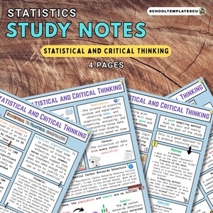 以下が含まれることがあります： 「Statistics Study Notes」というタイトルの学習ノートの束で、「Statistical and Critical Thinking」という副題が付いています。 ノートは、テキストと図が描かれた水色の紙に書かれています。 画像には「4 Pages」というテキストが含まれています。