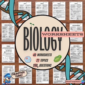May include: A set of 40 biology worksheets covering 22 topics with over 200 questions. The worksheets feature a colorful design with a DNA double helix, a cell, and a pea pod. The text "Biology Worksheets" is displayed in a large font at the top of the image.