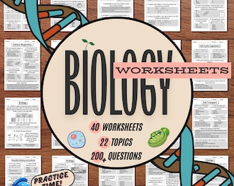 May include: A set of 40 biology worksheets covering 22 topics with over 200 questions. The worksheets feature a colourful design with a DNA double helix, a cell, and a pea pod. The text "Biology Worksheets" is displayed in a large font at the top of the image.