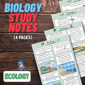 Puede incluir: Notas de estudio de biología sobre ecología, presentadas en cuatro páginas. Las notas incluyen diagramas y texto que explican conceptos ecológicos como la sucesión, los recursos renovables y el ciclo del agua. También se ve un pequeño pájaro de dibujos animados.