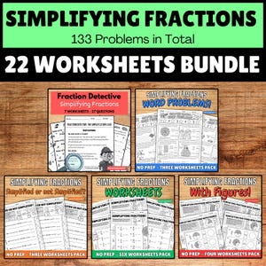 May include: A bundle of 22 educational worksheets for simplifying fractions, totaling 133 problems. The collection includes sets titled Fraction Detective, Word Problems, Simplified or not Simplified, Worksheets, and With Figures, all featuring math exercises.