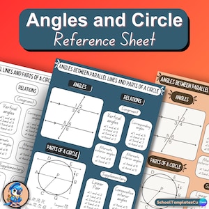 以下が含まれることがあります： 青い、緑色、白いバックパックを背負った漫画のキャラクターが、角度と円の参照シートの隣に立っています。シートには、平行線と円の構成要素によって形成される角度の図と説明が含まれており、垂直角、対応角、内側交互角、外側交互角、線形ペア、連続内側角などが含まれています。