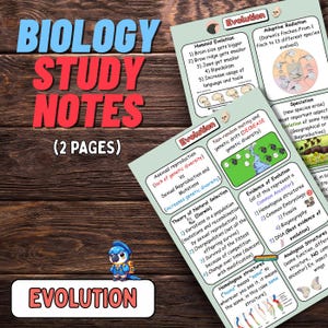 Puede incluir: Apuntes de estudio de biología sobre la evolución, presentados en dos páginas. Tratan la evolución de los homínidos, la selección natural y la especiación, con diagramas y texto. Un pequeño pájaro de dibujos animados está en la parte inferior.
