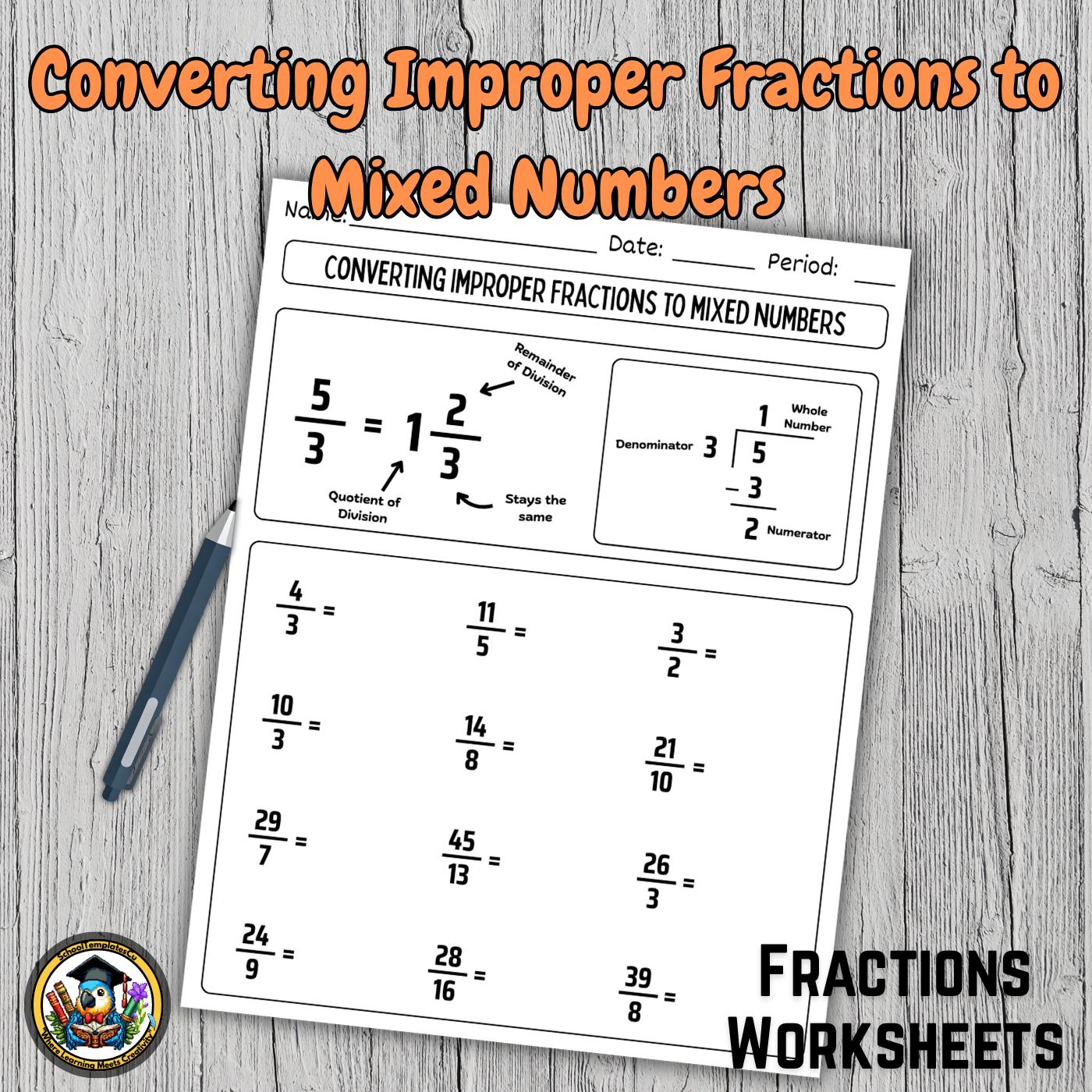 Converting Improper Fractions to Mixed Numbers Worksheet | Printable ...