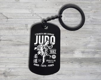 Llavero con diseño de judo, coraje, honor, fe, poder, arte marcial, MMA, llavero, etiqueta, llavero, regalo personalizado, placa de identificación, pin