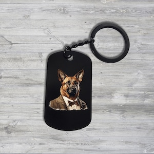 Belgian Malinois Aristocrat Pet Portrait, Keychain Personalized, Custom Steel Keyring UV Printed - Clip On Gift Car Charm, Durable, Key Clip