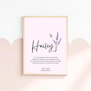 Hailey, baby name meaning wall art, personalized nursery decor, name meaning poem, baby shower gift, custom name poetry, newborn keepsake