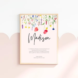 Madison Name Meaning Poem Nursery Printable Art Watercolour Wildflower Garden Name Sign Personalized First Birthday Gift Baby Shower Girl