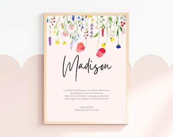 Madison Name Meaning Poem Nursery Printable Art Watercolour Wildflower Garden Name Sign Personalized First Birthday Gift Baby Shower Girl