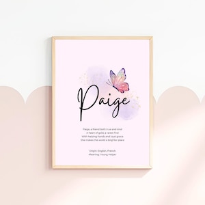 Paige, baby name meaning wall art, personalized nursery decor, name meaning poem, baby shower gift, custom name poetry, newborn keepsake