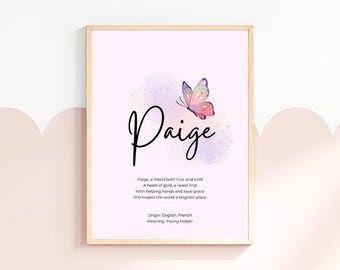 Paige, baby name meaning wall art, personalized nursery decor, name meaning poem, baby shower gift, custom name poetry, newborn keepsake