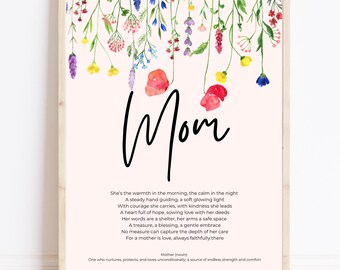 Definition of mother, mothers day poem, watercolour flower art print for mom, sentimental mothers day gift, mom meaning, first mothers day