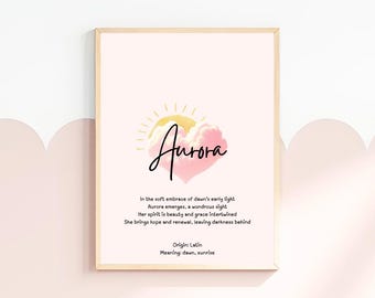 Aurora Personalized Name Art Baby Girl Nursery Decor Name Meaning Print Digital Download Baby Shower Gift Poem Art Custom Newborn Room Gift