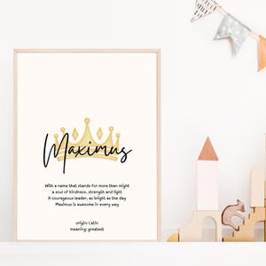 Maximus, baby name meaning wall art, personalized nursery decor, name meaning poem, crown nursery print, custom name poetry, prince nursery