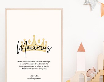 Maximus, baby name meaning wall art, personalized nursery decor, name meaning poem, crown nursery print, custom name poetry, prince nursery